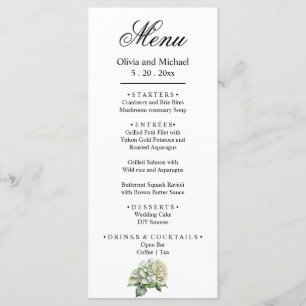 Elegant white green watercolor floral hydrangeas menu