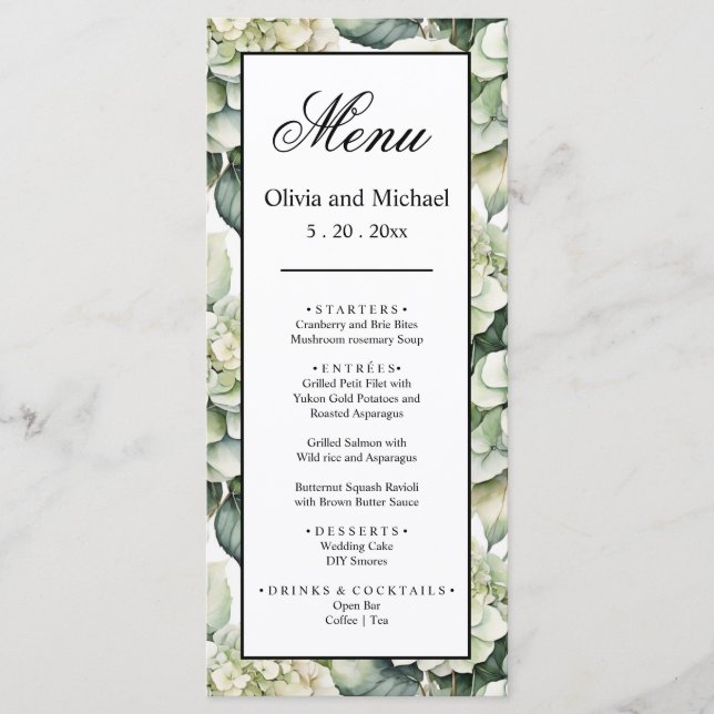 Elegant white green watercolor floral hydrangeas menu (Front)