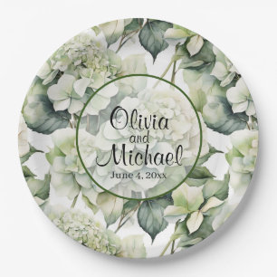 Elegant white green watercolor floral hydrangeas  paper plate
