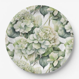 Elegant white green watercolor floral hydrangeas  paper plate