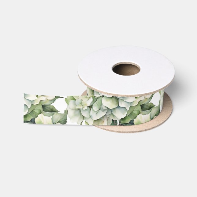 Elegant white green watercolor floral hydrangeas satin ribbon (Spool)