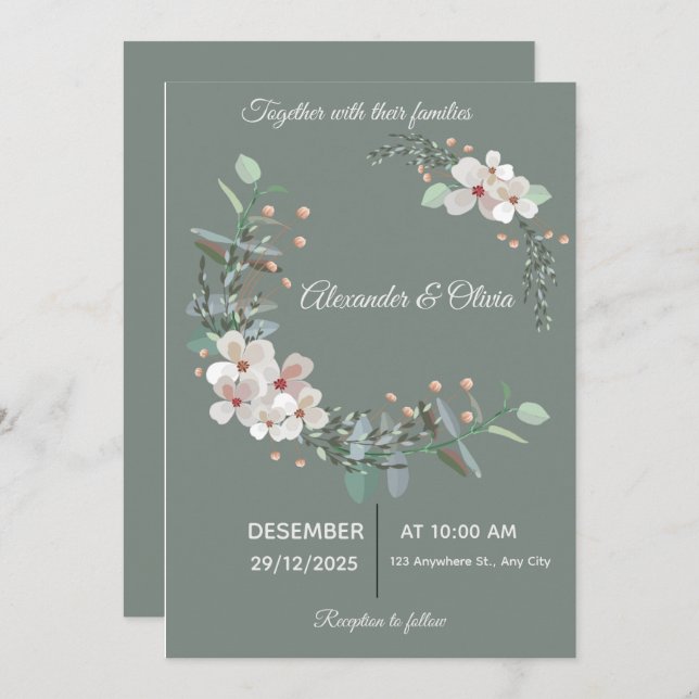 Elegant White & Green Wedding Invitation (Front/Back)