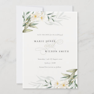 Elegant White Greenery Floral Save the Date Card