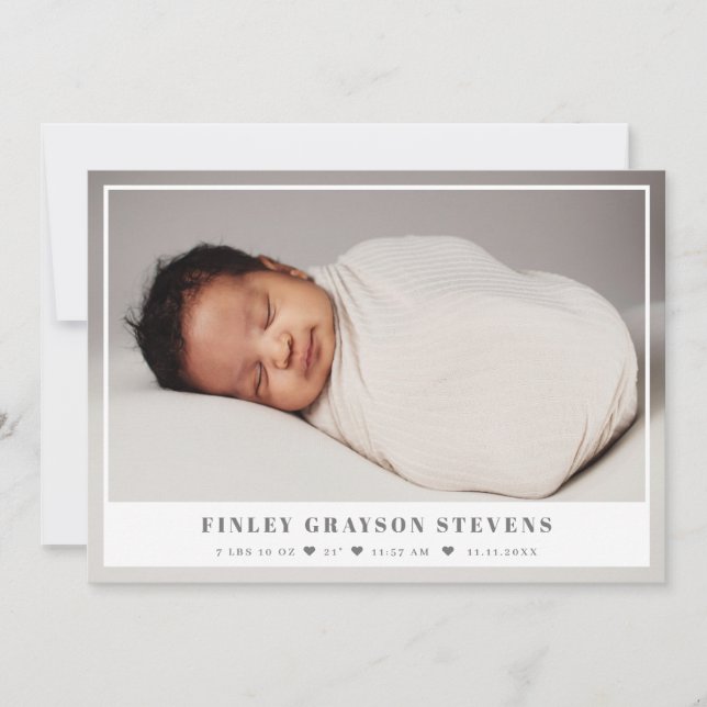 Elegant White Grey Baby Photo Announcement (Front)