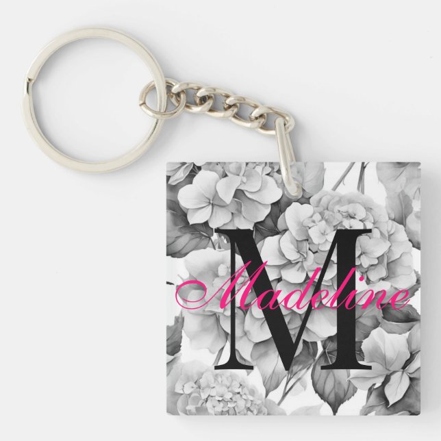 Elegant white grey black floral watercolor  keychain (Front)