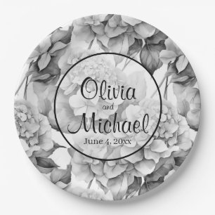 Elegant white grey black floral watercolor  paper plate