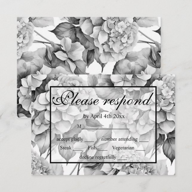 Elegant white grey black floral watercolor  RSVP card (Front/Back)