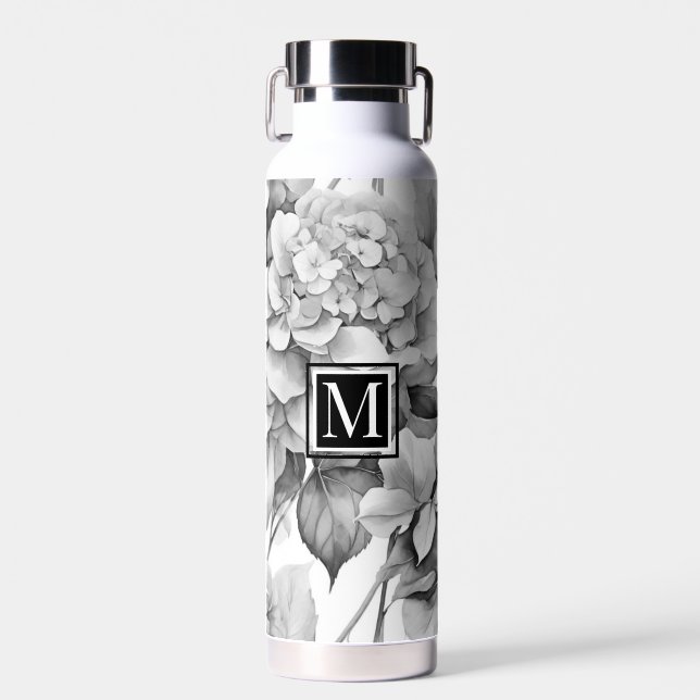Elegant white grey black floral watercolor  water bottle (Front)