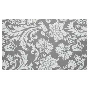 Elegant White & Grey Floral Damasks Fabric