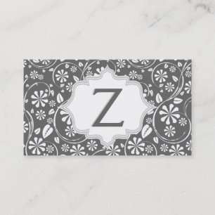Elegant white, grey floral pattern monogram business card