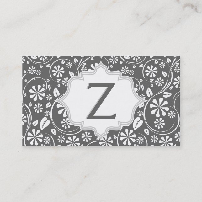 Elegant white, grey floral pattern monogram business card (Front)