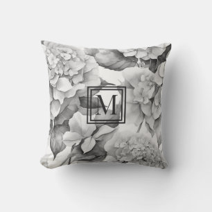 Elegant white grey floral watercolor monogram outdoor pillow