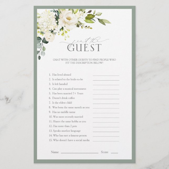 Elegant White Grey Green Bridal Shower Game (Front)