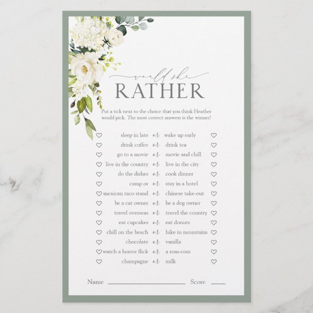 Elegant White Grey Green Bridal Shower Game (Front)