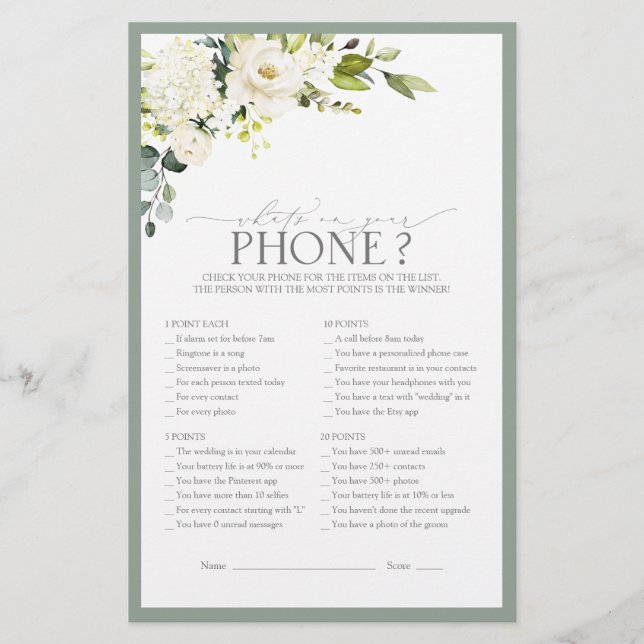 Elegant White Grey Green Bridal Shower Game (Front)