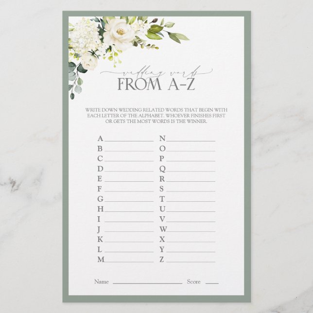 Elegant White Grey Green Bridal Shower Game (Front)