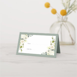Elegant White Grey Green Floral Reception Place Card