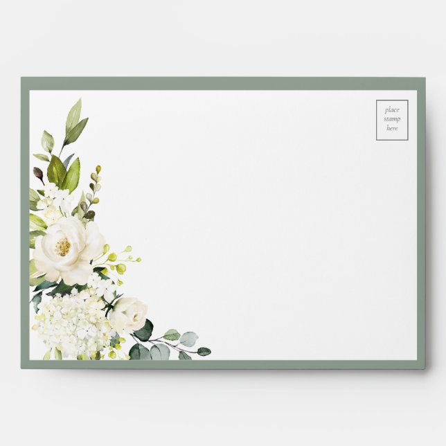 Elegant White Grey Green Floral Watercolor Envelop Envelope (Front)