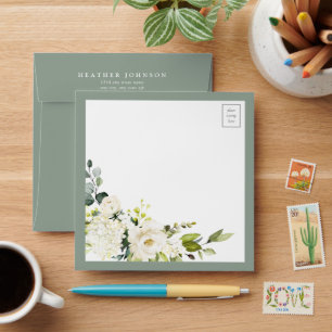 Elegant White Grey Green Floral Watercolor Envelope