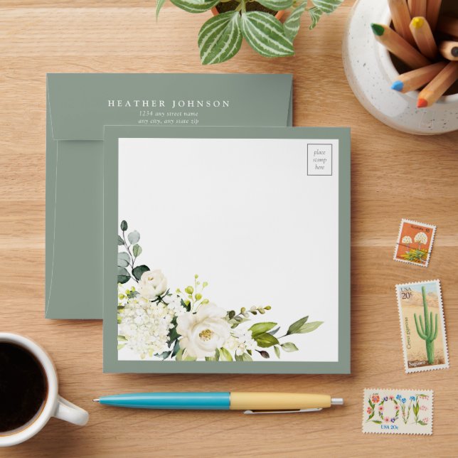 Elegant White Grey Green Floral Watercolor Envelope (Desk)