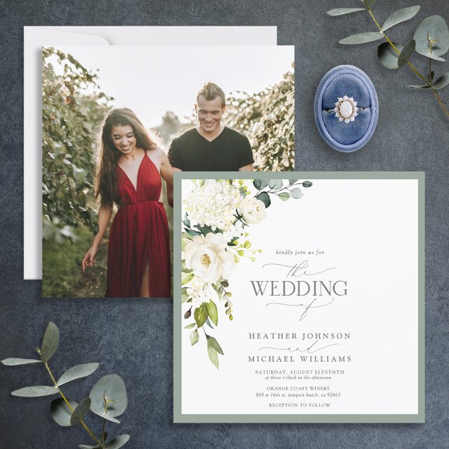 Elegant White Grey Green Floral Watercolor Photo Invitation (Creator Uploaded)