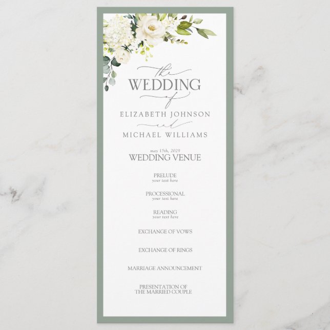 Elegant White Grey Green Floral Watercolor Program (Front)