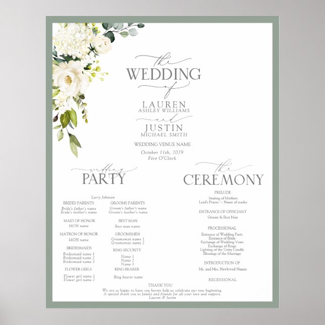 Elegant White Grey Green Floral Watercolor Program Poster (Front)