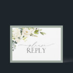 Elegant White Grey Green Floral Watercolor RSVP Card<br><div class="desc">Modern and trendy, this wedding invitation RSVP design features a bouquet of white flowers, such as roses and hydrangea, and botanical greenery, with delicate modern calligraphy. Personalize your details on the back, with meal options included. To remove meal choices, we have create a how-to video for you here: https://youtu.be/ZGpeldQgxoE Part...</div>