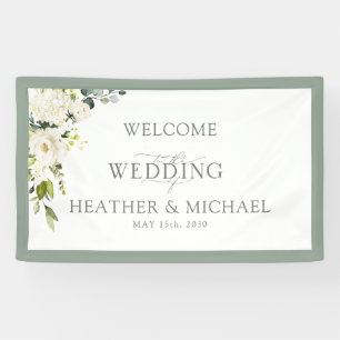Elegant White Grey Green Floral Watercolor Script Banner