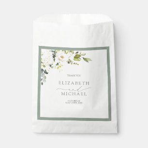 Elegant White Grey Green Floral Watercolor Wedding Favour Bag