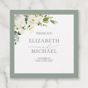 Elegant White Grey Green Floral Watercolor Wedding Favour Tags