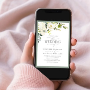 Elegant White Grey Green Floral Watercolor Wedding Invitation