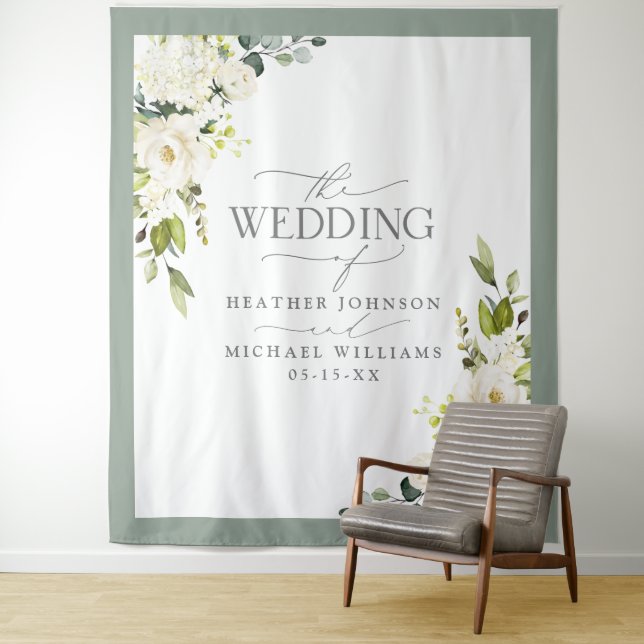 Elegant White Grey Green Floral Watercolor Wedding Tapestry (In Situ)