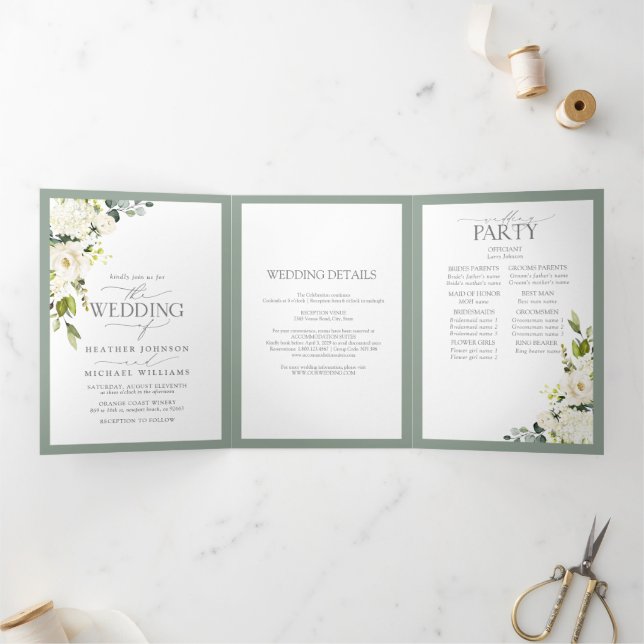 Elegant White Grey Green Meals Wedding Tri-Fold (Inside)
