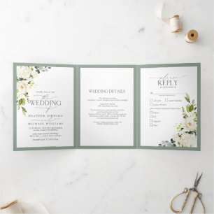 Elegant White Grey Green Meals Wedding Tri-Fold
