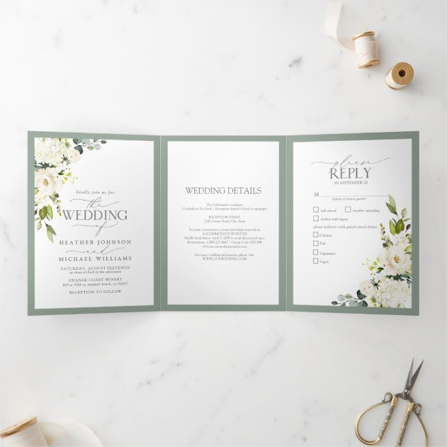 Elegant White Grey Green Meals Wedding Tri-Fold (Inside)