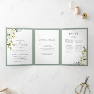 Elegant White Grey Green Meals Wedding Tri-Fold Invitation