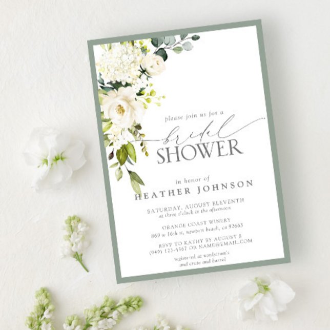 Elegant White Grey Green Watercolor Bridal Shower Invitation (Creator Uploaded)