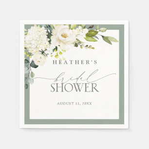 Elegant White Grey Green Watercolor Bridal Shower Napkin
