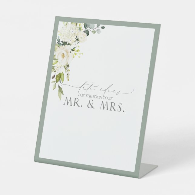 Elegant White Grey Green Watercolor Date Ideas Pedestal Sign (Front)