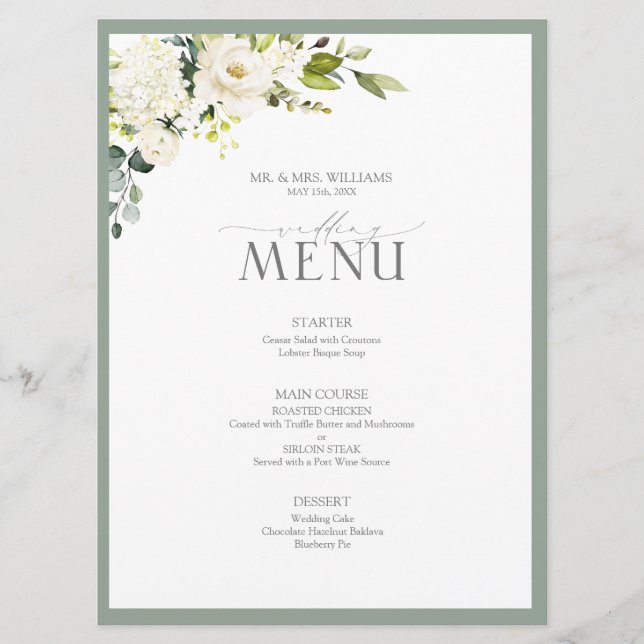 Elegant White Grey Green Watercolor Floral Wedding Menu (Front)