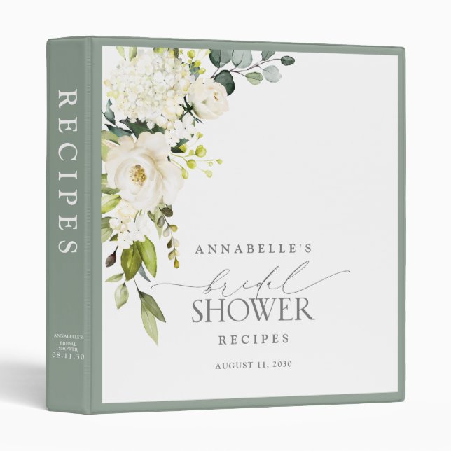 Elegant White Grey Green Watercolor Shower Recipe Binder (Front/Spine)