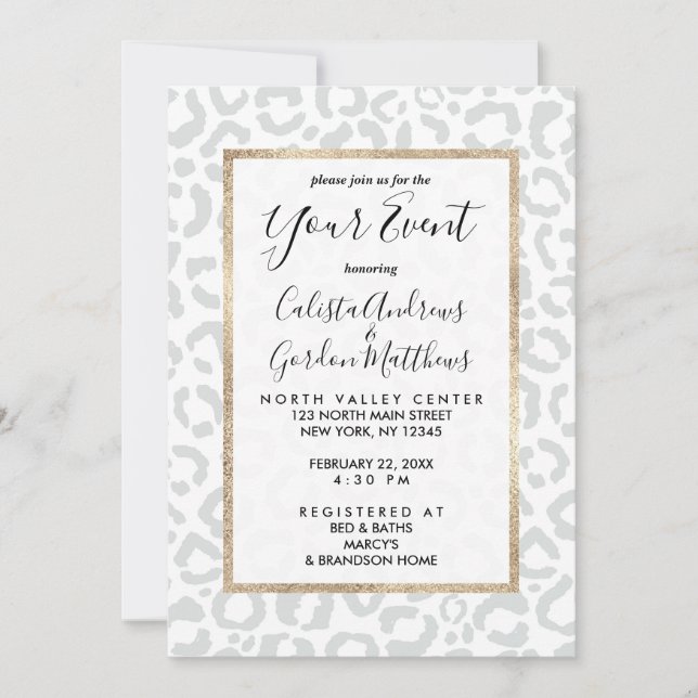 Elegant White Grey Leopard Cheetah Animal Print Invitation (Front)