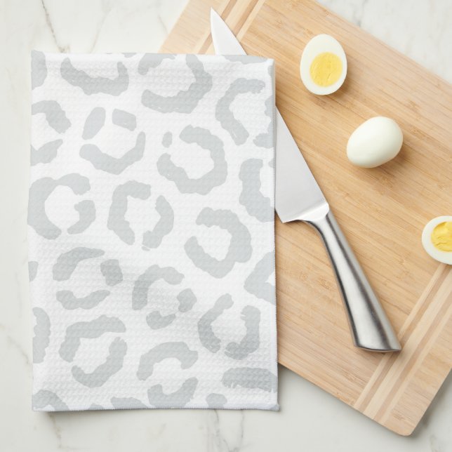 Elegant White Grey Leopard Cheetah Animal Print Kitchen Towel (Quarter Fold)