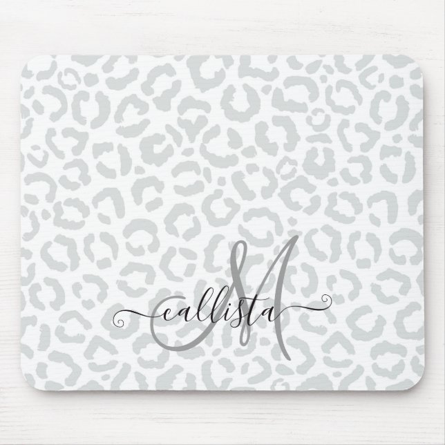 Elegant White Grey Leopard Cheetah Animal Print Mouse Pad (Front)