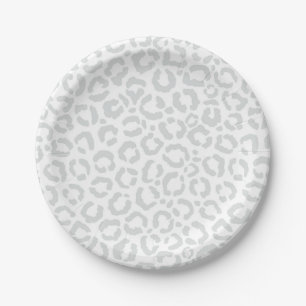 Elegant White Grey Leopard Cheetah Animal Print Paper Plate