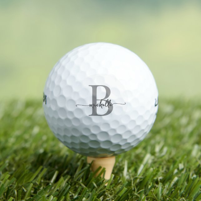 Elegant White Grey Modern Script Monogram Name Golf Balls (Insitu Tee)