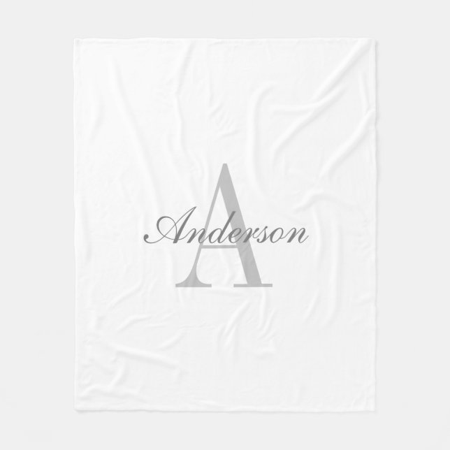 Elegant White & Grey Monogram Fleece Blanket (Front)