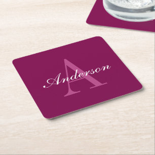 Elegant White & Grey Monogram Square Paper Coaster