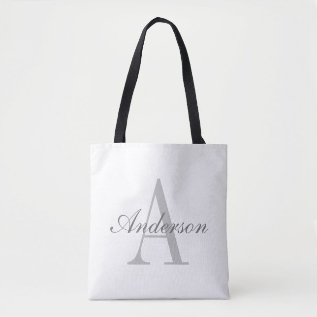 Elegant White & Grey Monogram Tote Bag (Front)